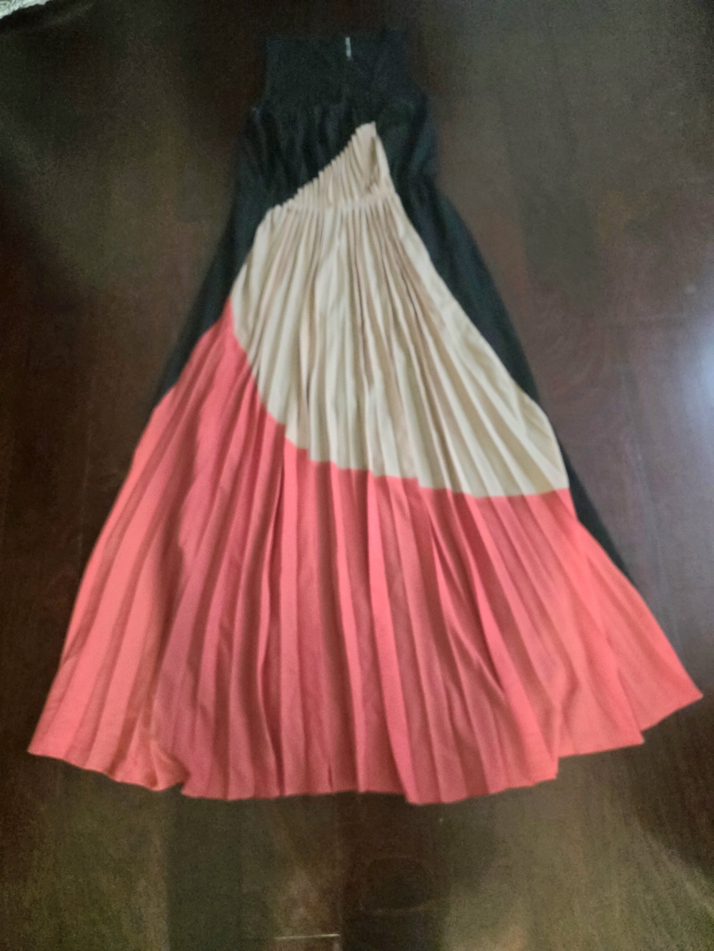 Walter Baker Colorblock Pleated Maxi Dress in Black, Cream & Coral